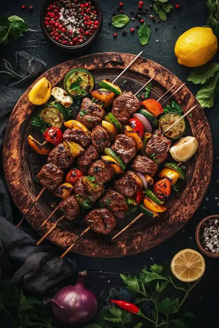 Chef's recommendation — beef and vegetable kabobs with lemon herb marinade